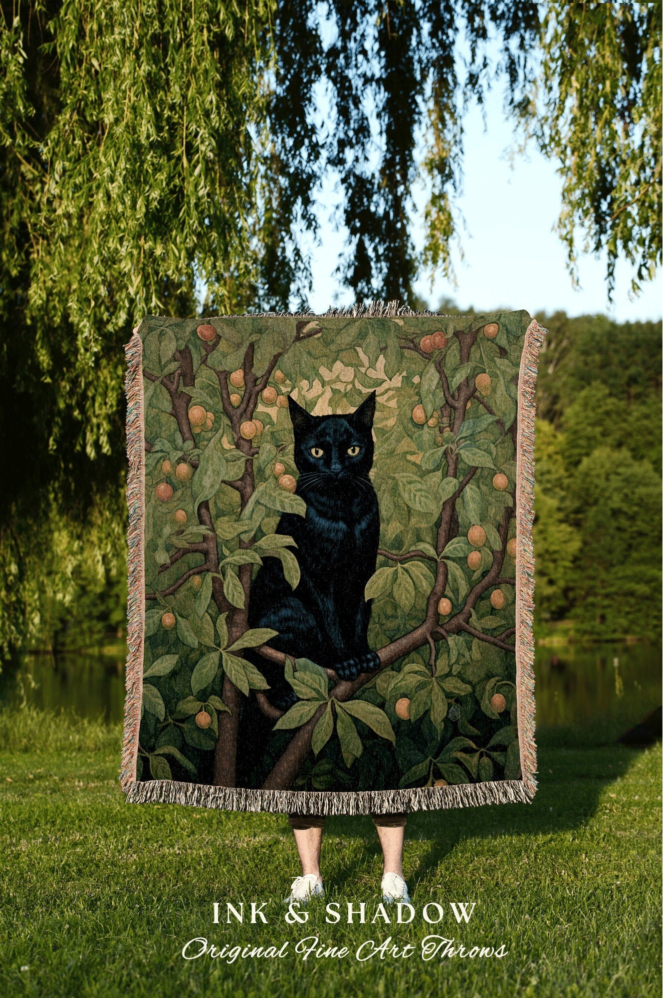 Black Cat Tapestry Botanical Blanket | Woven Throw Black Cat Painting Pastel Decor Indie Aesthetic Dorm Room Tapestry Blanket Cute Cat Art |