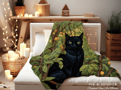 Black Cat Tapestry Botanical Blanket | Woven Throw Black Cat Painting Pastel Decor Indie Aesthetic Dorm Room Tapestry Blanket Cute Cat Art |