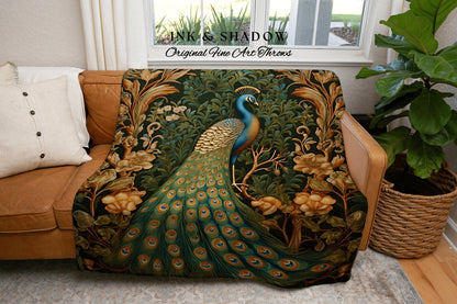 Maximalist Peacock Blanket Woven | Woodland Folklore Blanket Woven Tapestry William Morris Style Woodland Decor Dark Cottagecore Peacock Art