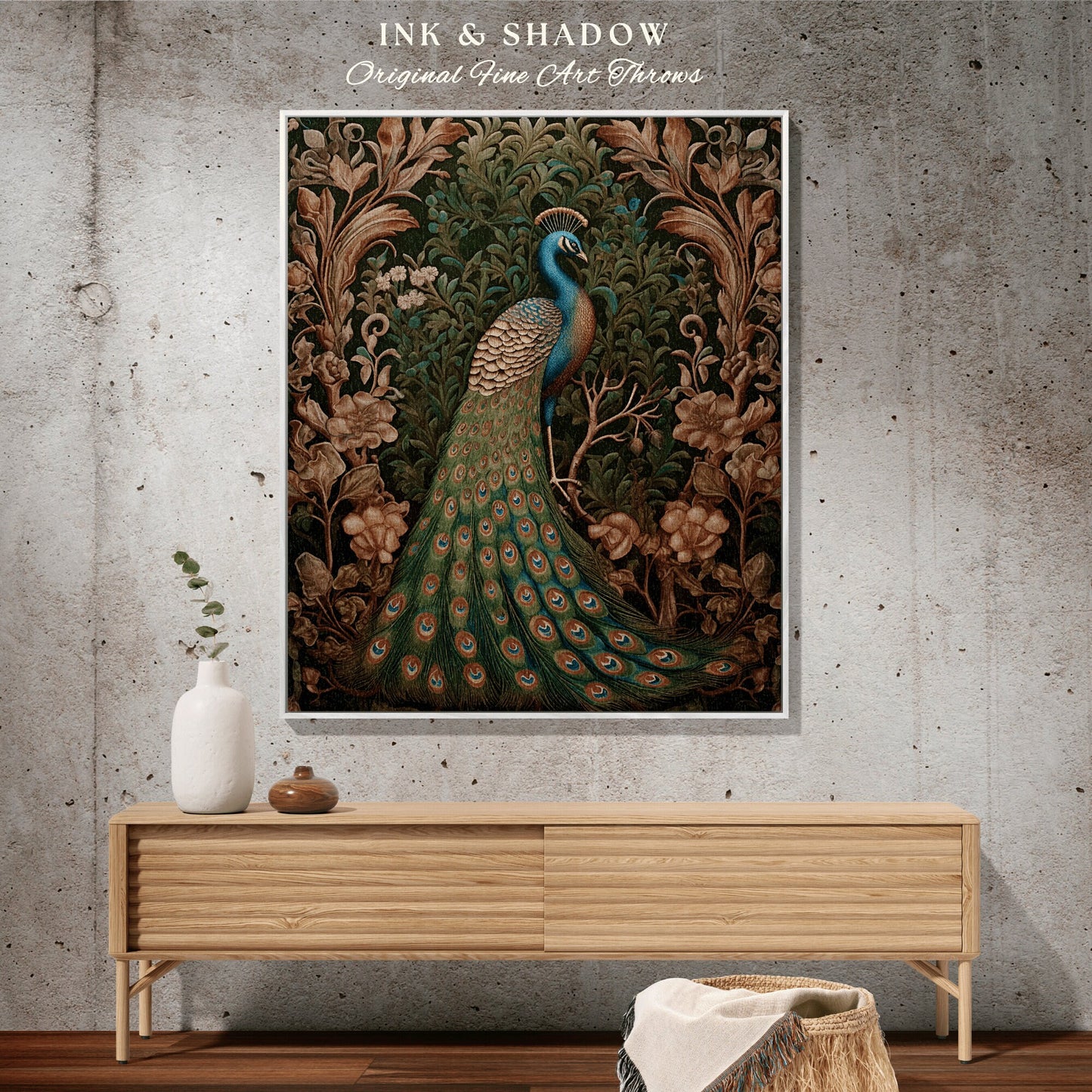 Maximalist Peacock Blanket Woven | Woodland Folklore Blanket Woven Tapestry William Morris Style Woodland Decor Dark Cottagecore Peacock Art