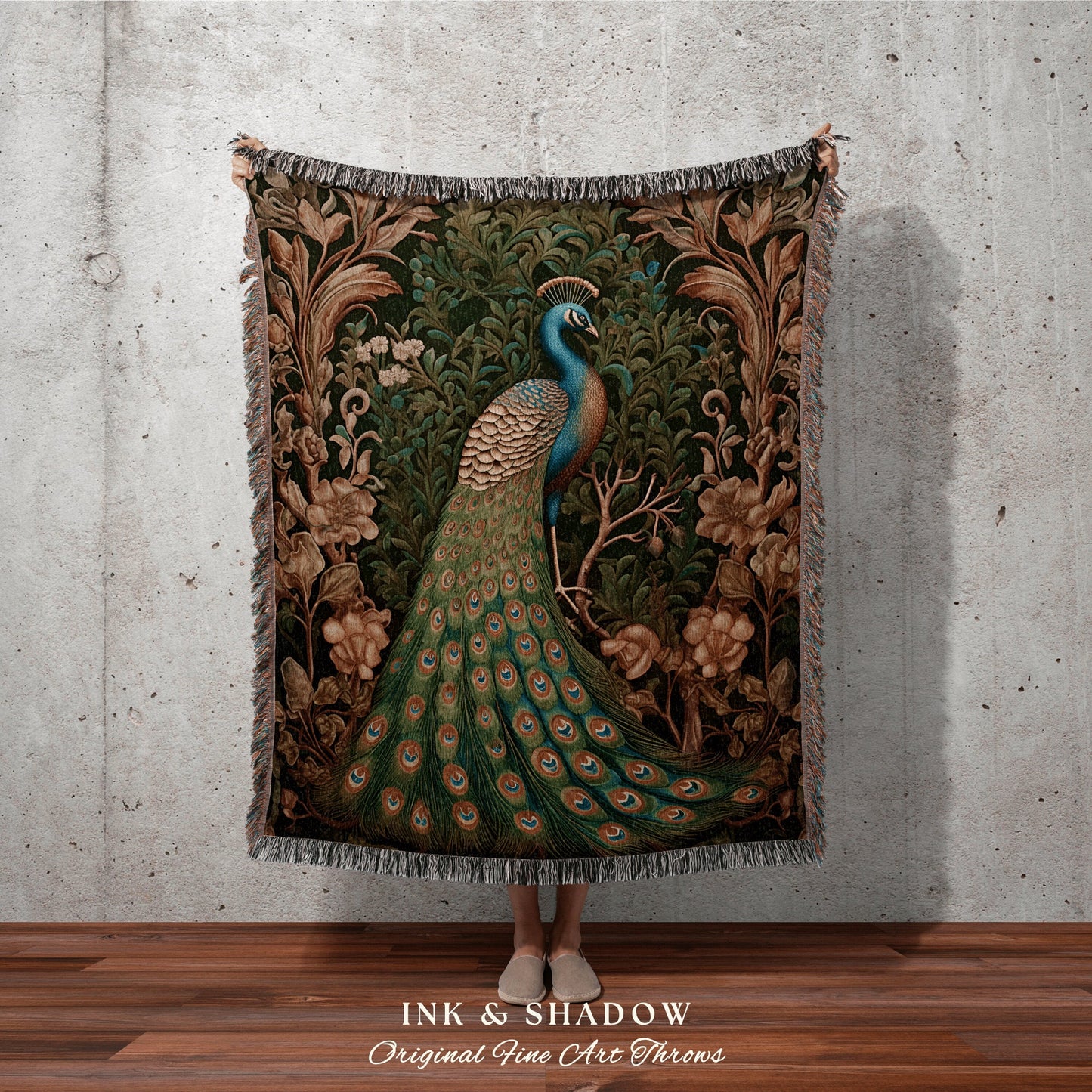 Maximalist Peacock Blanket Woven | Woodland Folklore Blanket Woven Tapestry William Morris Style Woodland Decor Dark Cottagecore Peacock Art