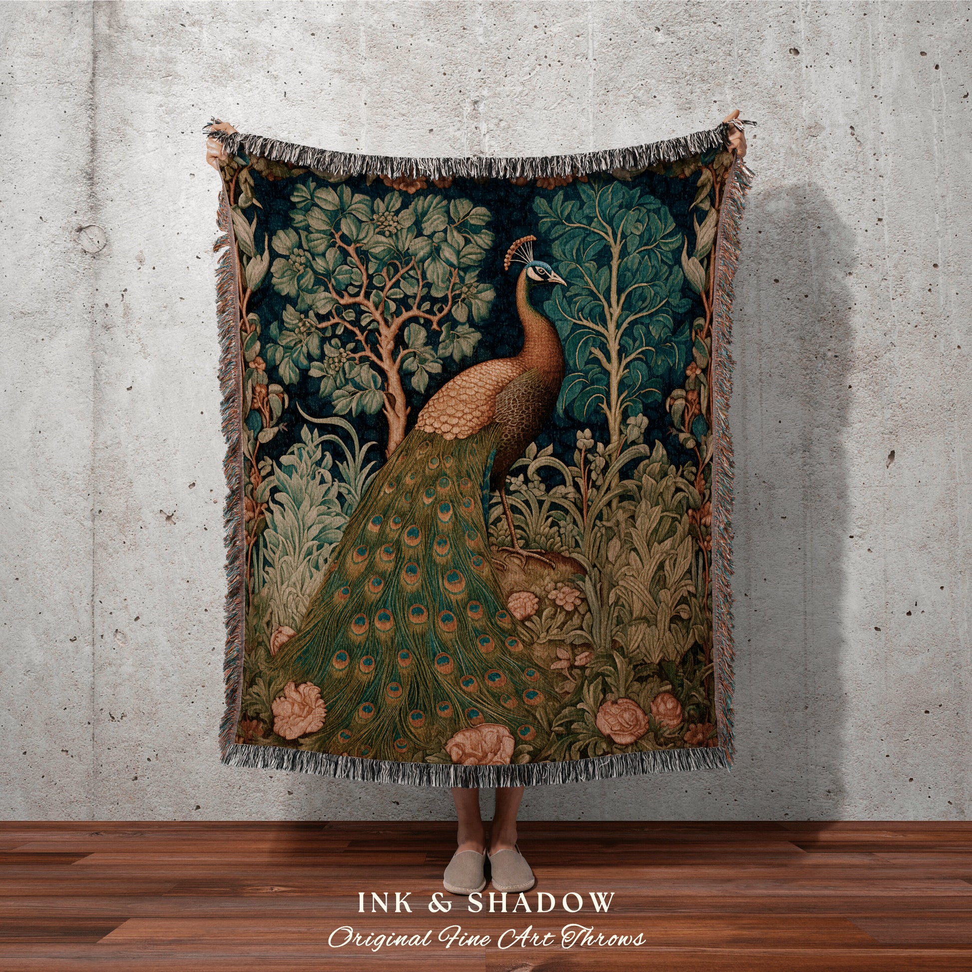 Folklore Peacock Woven Blanket | Woodland Folk Art Blanket Woven Tapestry William Morris Style Woodland Decor Dark Cottagecore Peacock Decor