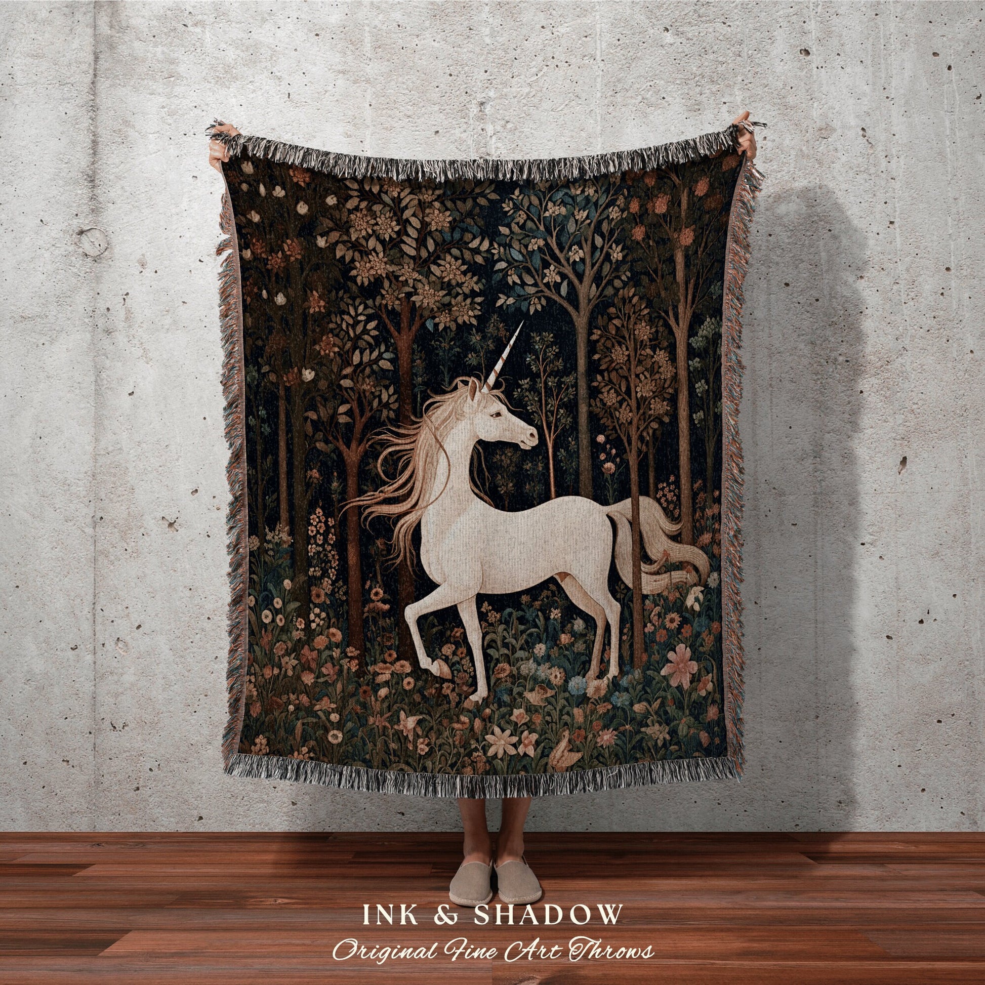 Medieval Unicorn Woven Throw Blanket | Baroque Art Blanket Woven Tapestry William Morris Style Woodland Goth Decor Mystic Unicorn Blanket |