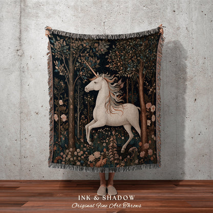 Fairycore Unicorn Throw Blanket | Woodland Folk Art Blanket Woven Tapestry William Morris Style Woodland Goth Decor Mystic Unicorn Blanket |