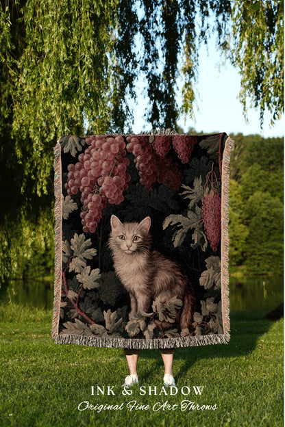 Woven Cat Tapestry Victorian Blanket | Woven Throw Black Cat Painting Pastel Decor Indie Aesthetic Dorm Room Tapestry Blanket Cute Cat Art |