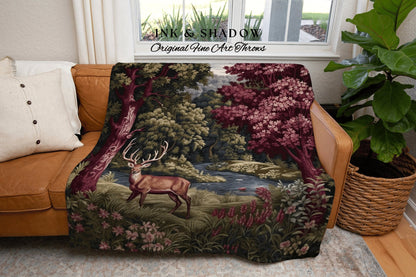 Pink Woodland Deer Blanket | Ethereal Folklore Living Room Blanket Woven Tapestry Morris Throw Dark Botanical Maximalist Aesthetic Bedding