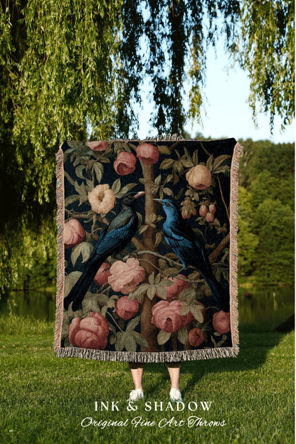 Gothic Floral Crow Tapestry Blanket | Crowcore William Morris Style Witchy Decor Bedroom Landscape Tapestry Cottagegoth Room Decor Witchy |