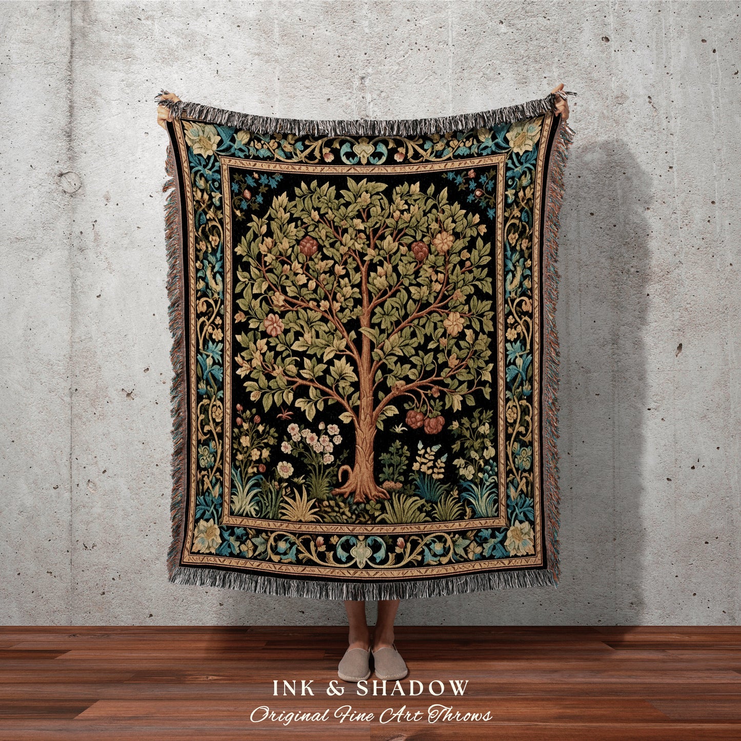 Medieval Tree Blanket | Maximalist William Morris Inspired Throw Botanical Tapestry Medieval Aesthetic Nordic Tapestry Renaissance Decor