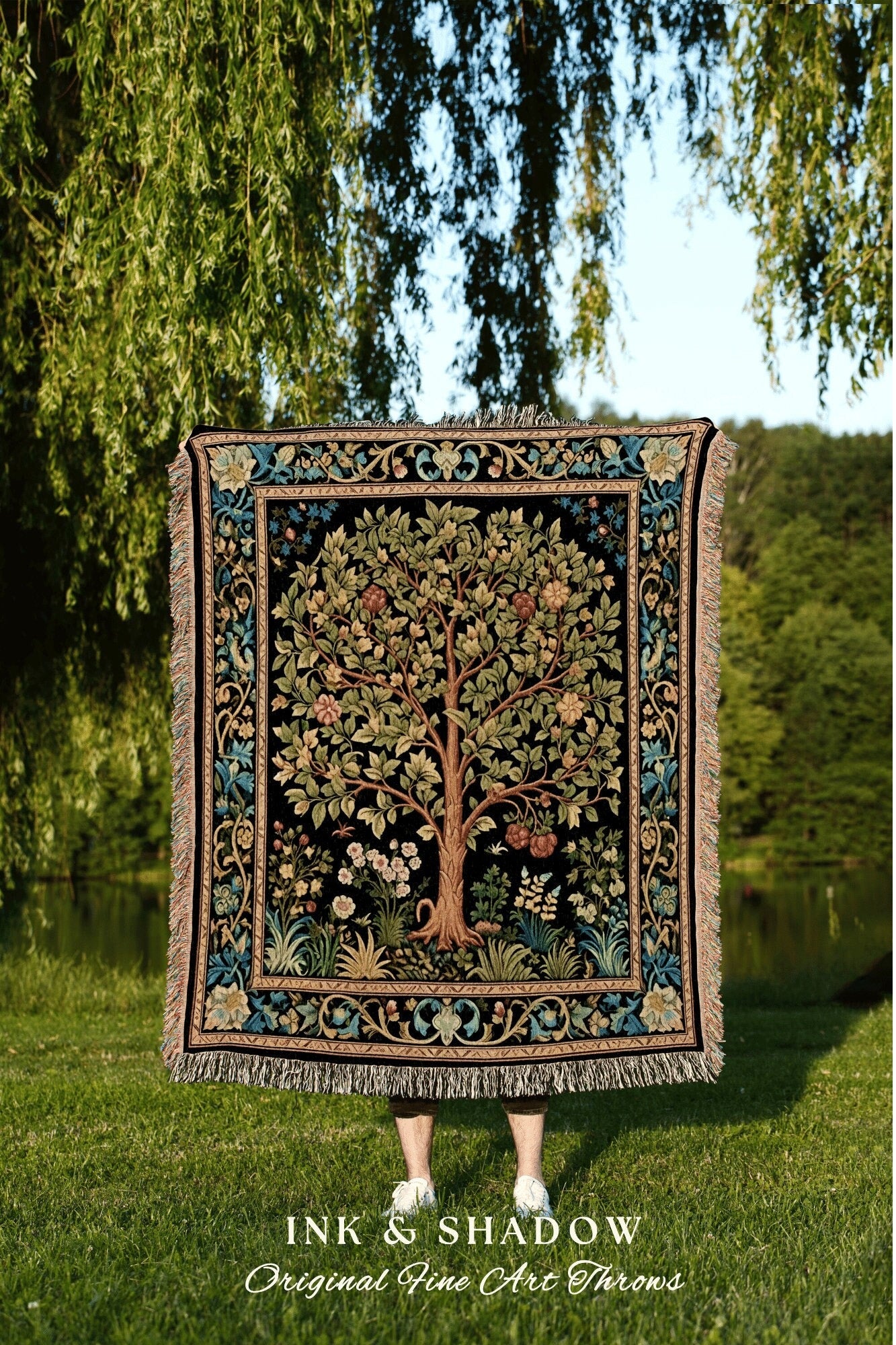 Medieval Tree Blanket | Maximalist William Morris Inspired Throw Botanical Tapestry Medieval Aesthetic Nordic Tapestry Renaissance Decor