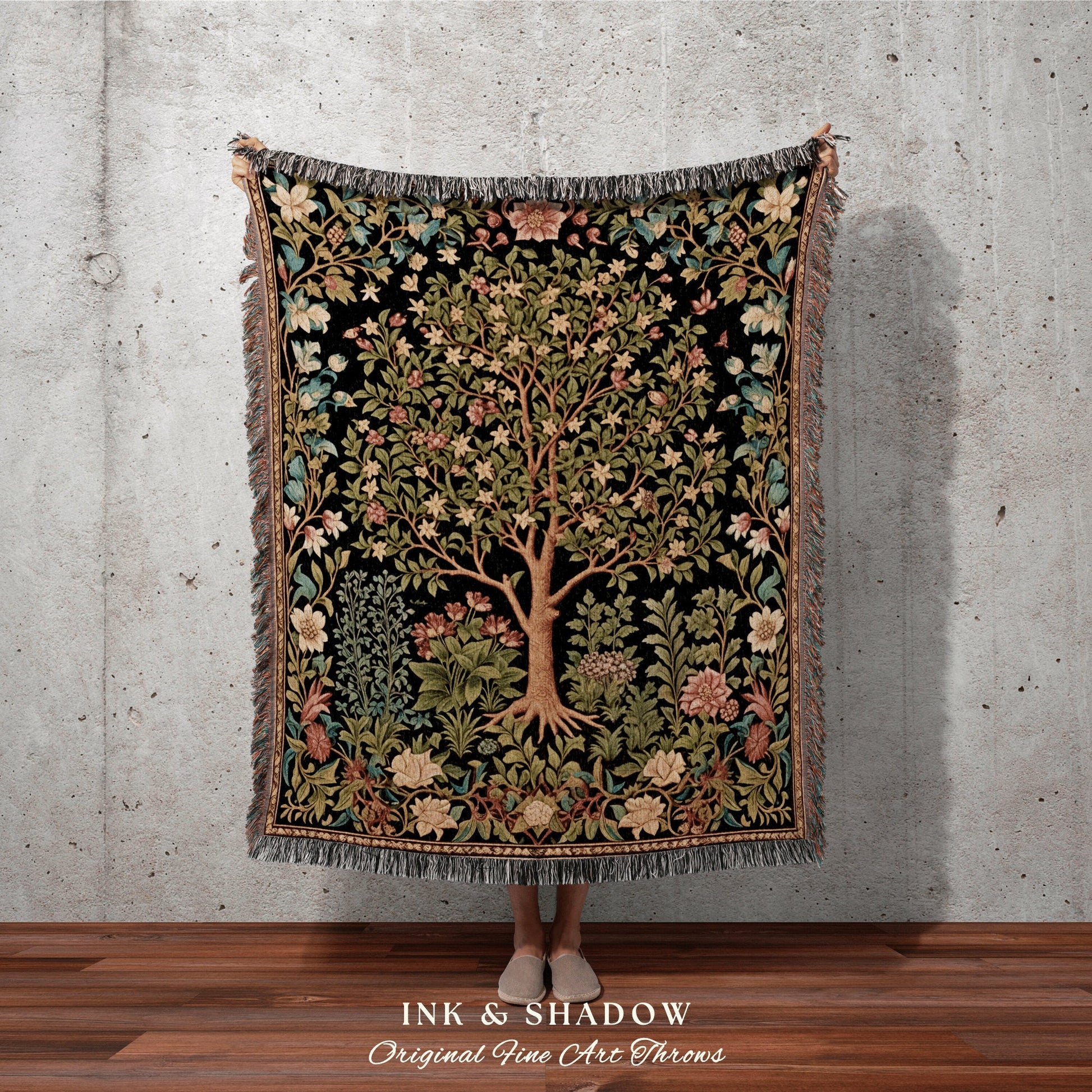 Floral Tapestry Tree of Life Design | Folklore William Morris Inspired Throw Botanical Tapestry Medieval Aesthetic Nordic Renaissance Decor