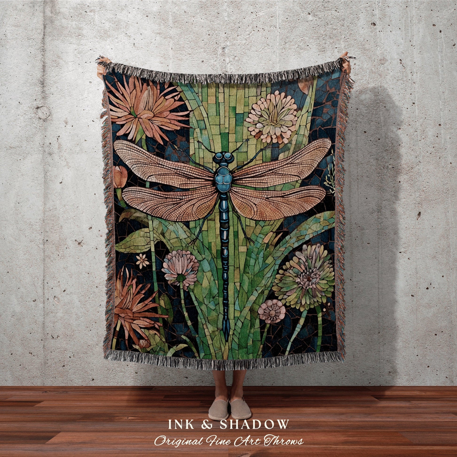 Dragonfly Blanket Whimsical Throw | Dragon Fly Woven Tapestry Fairycore Gift for Her Stained Glass Aesthetic Woodland Gothic Room Decor |