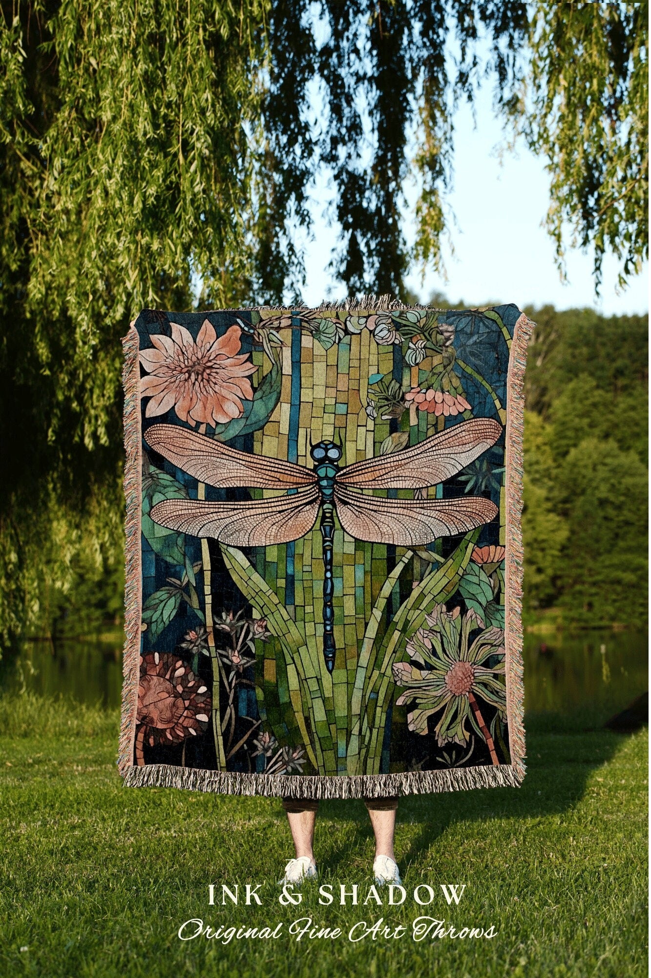 Mystical Dragonfly Blanket Cozy | Dragon Fly Woven Tapestry Fairycore Gift for Her Stained Glass Aesthetic Woodland Gothic Room Decor Throw