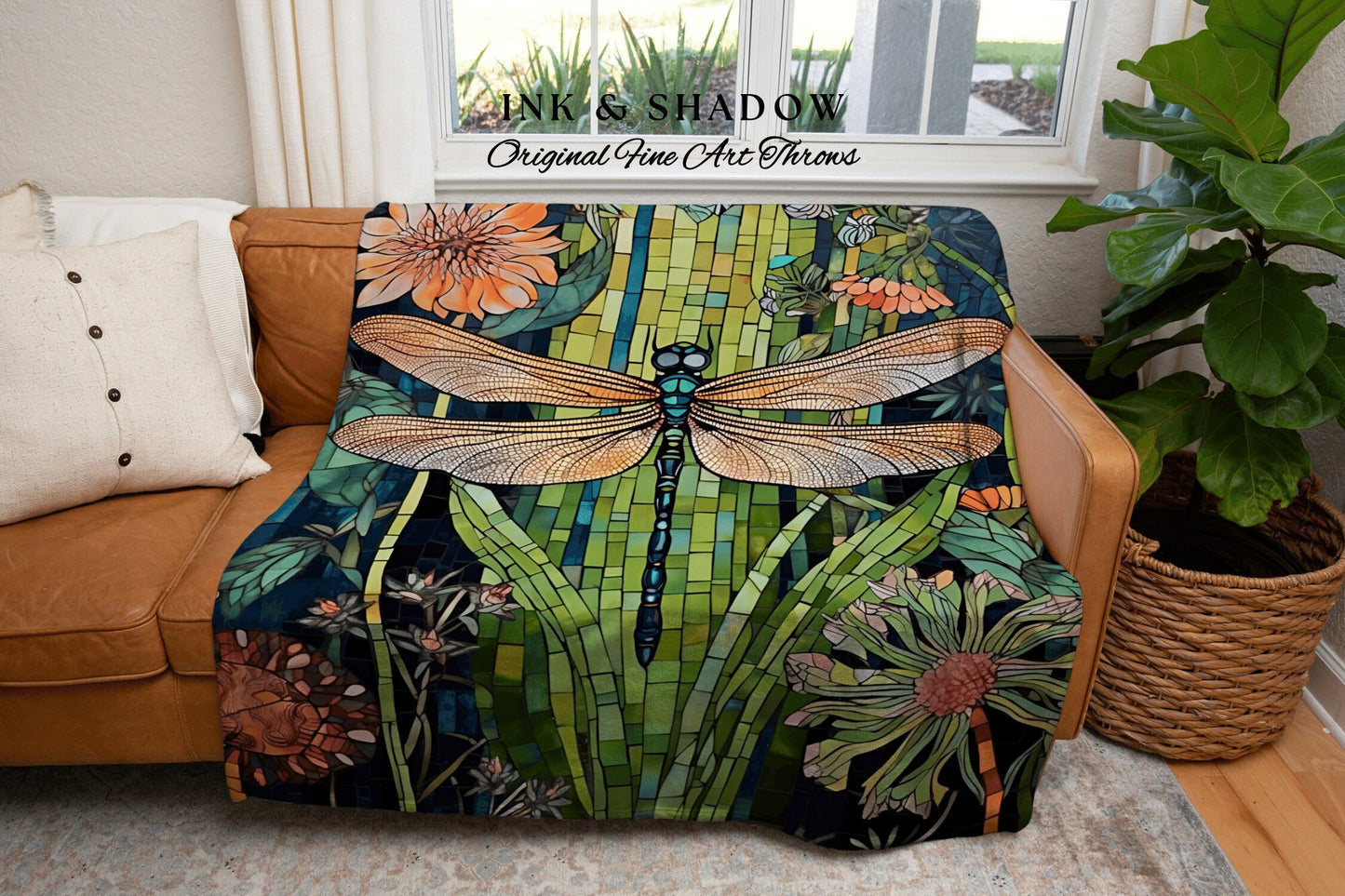 Mystical Dragonfly Blanket Cozy | Dragon Fly Woven Tapestry Fairycore Gift for Her Stained Glass Aesthetic Woodland Gothic Room Decor Throw