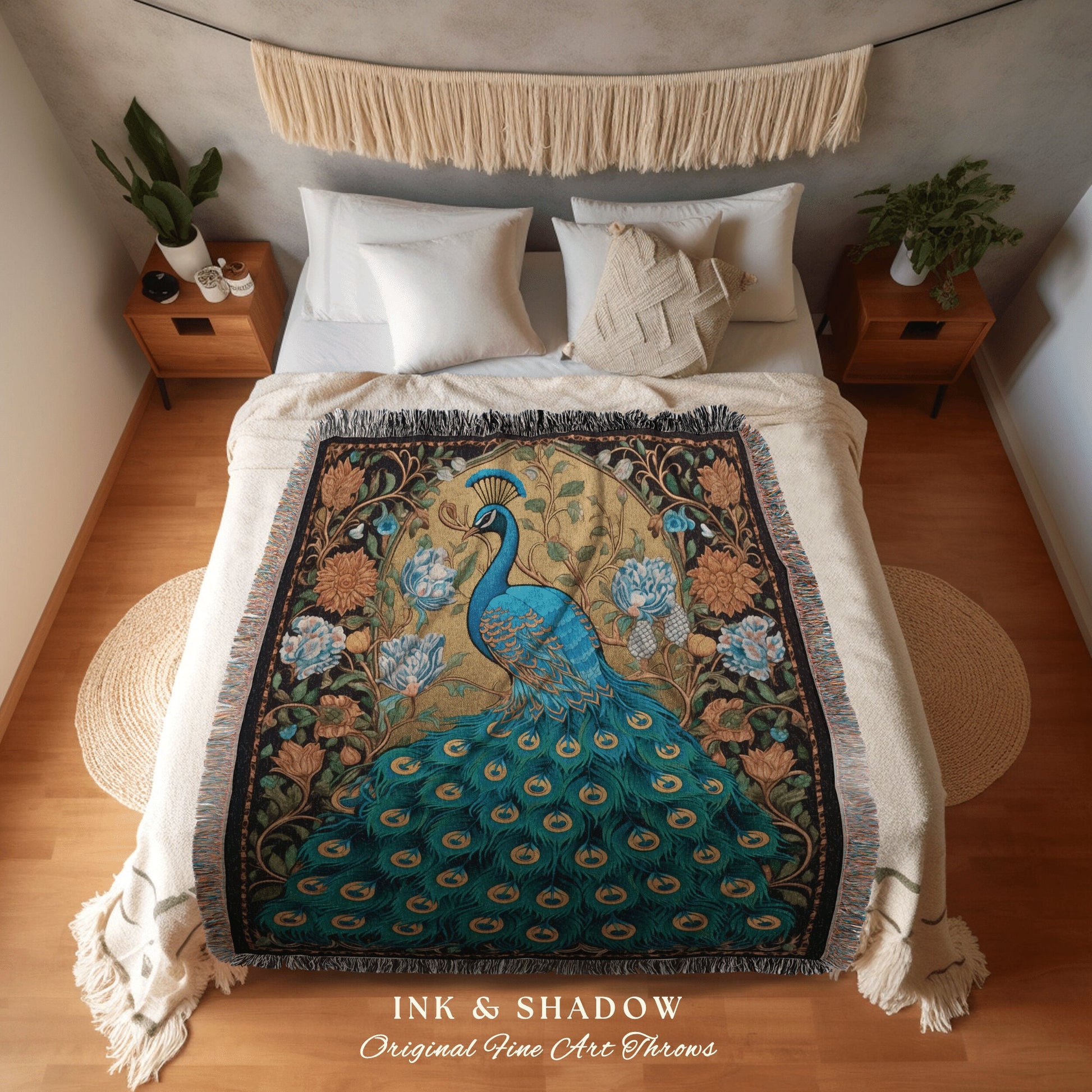 Whimsical Peacock Tapestry | Maximalist Floral Fairy Core Room Decor Woven Blanket William Morris Style Peacock Pastel Cottagecore Design