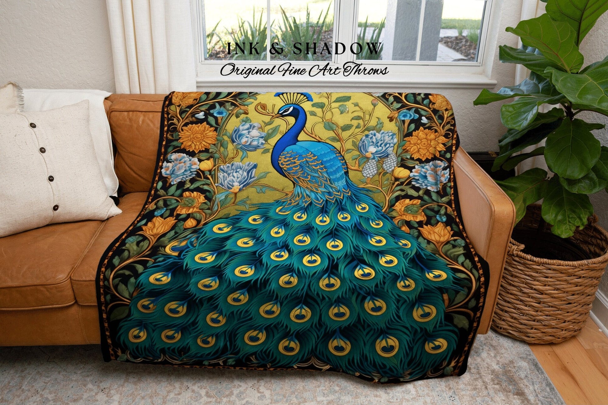 Whimsical Peacock Tapestry | Maximalist Floral Fairy Core Room Decor Woven Blanket William Morris Style Peacock Pastel Cottagecore Design