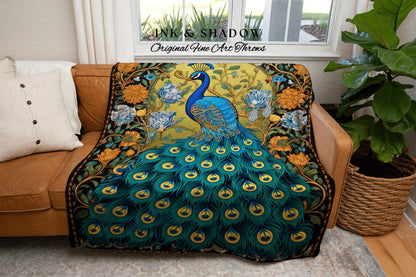 Whimsical Peacock Tapestry | Maximalist Floral Fairy Core Room Decor Woven Blanket William Morris Style Peacock Pastel Cottagecore Design