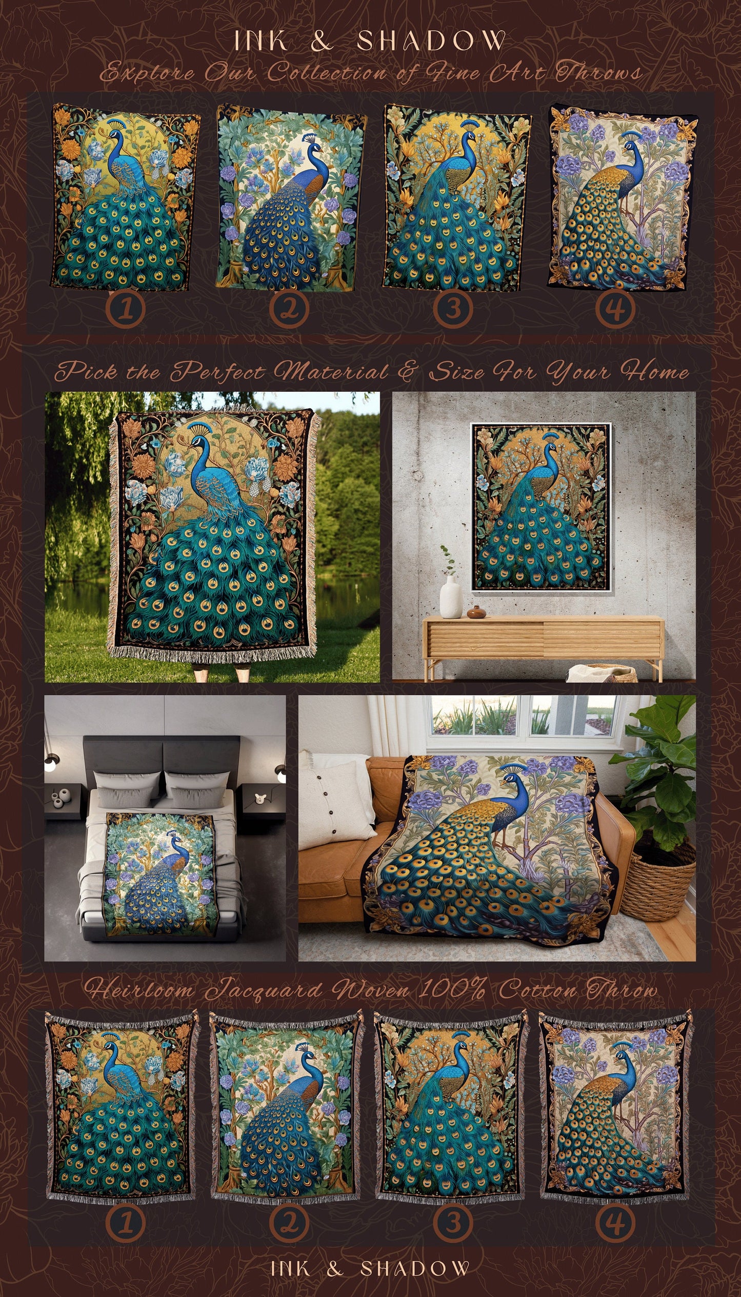 Whimsical Peacock Tapestry | Maximalist Floral Fairy Core Room Decor Woven Blanket William Morris Style Peacock Pastel Cottagecore Design