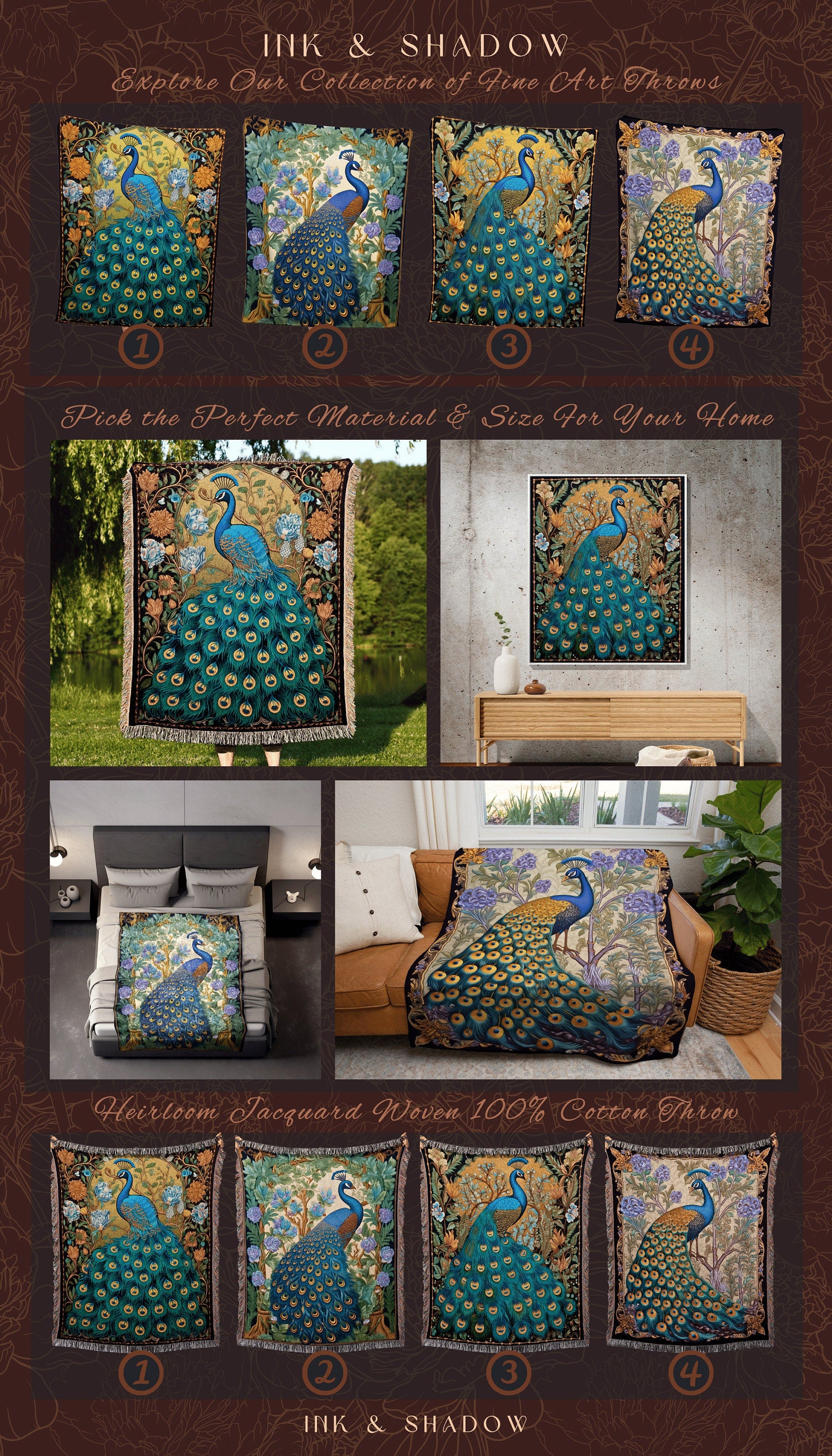 Whimsical Peacock Tapestry | Maximalist Floral Fairy Core Room Decor Woven Blanket William Morris Style Peacock Pastel Cottagecore Design