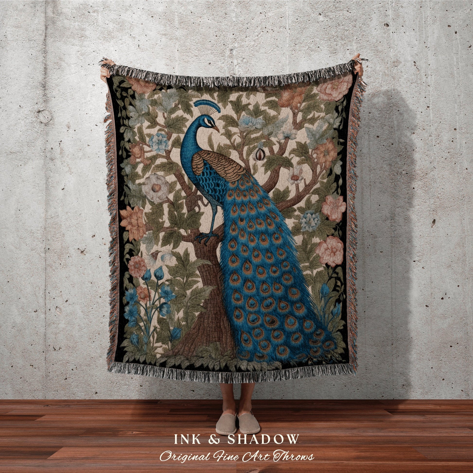 Dark Botanical Woven Tapestry | Maximalist Fairy Core Room Decor Woven Blanket William Morris Style Pastel Victorian Peacock Throw Blanket