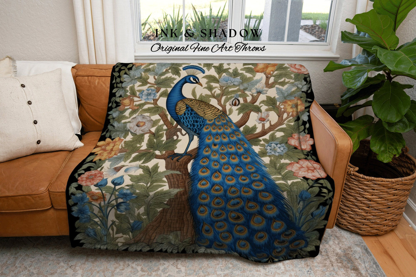 Dark Botanical Woven Tapestry | Maximalist Fairy Core Room Decor Woven Blanket William Morris Style Pastel Victorian Peacock Throw Blanket