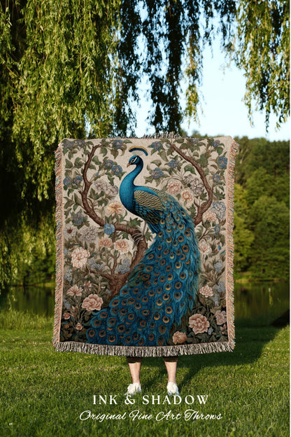 Maximalism Inspired Woven Throw | Maximalist Fairy Core Room Decor Woven Blanket William Morris Style Pastel Victorian Peacock Throw Blanket