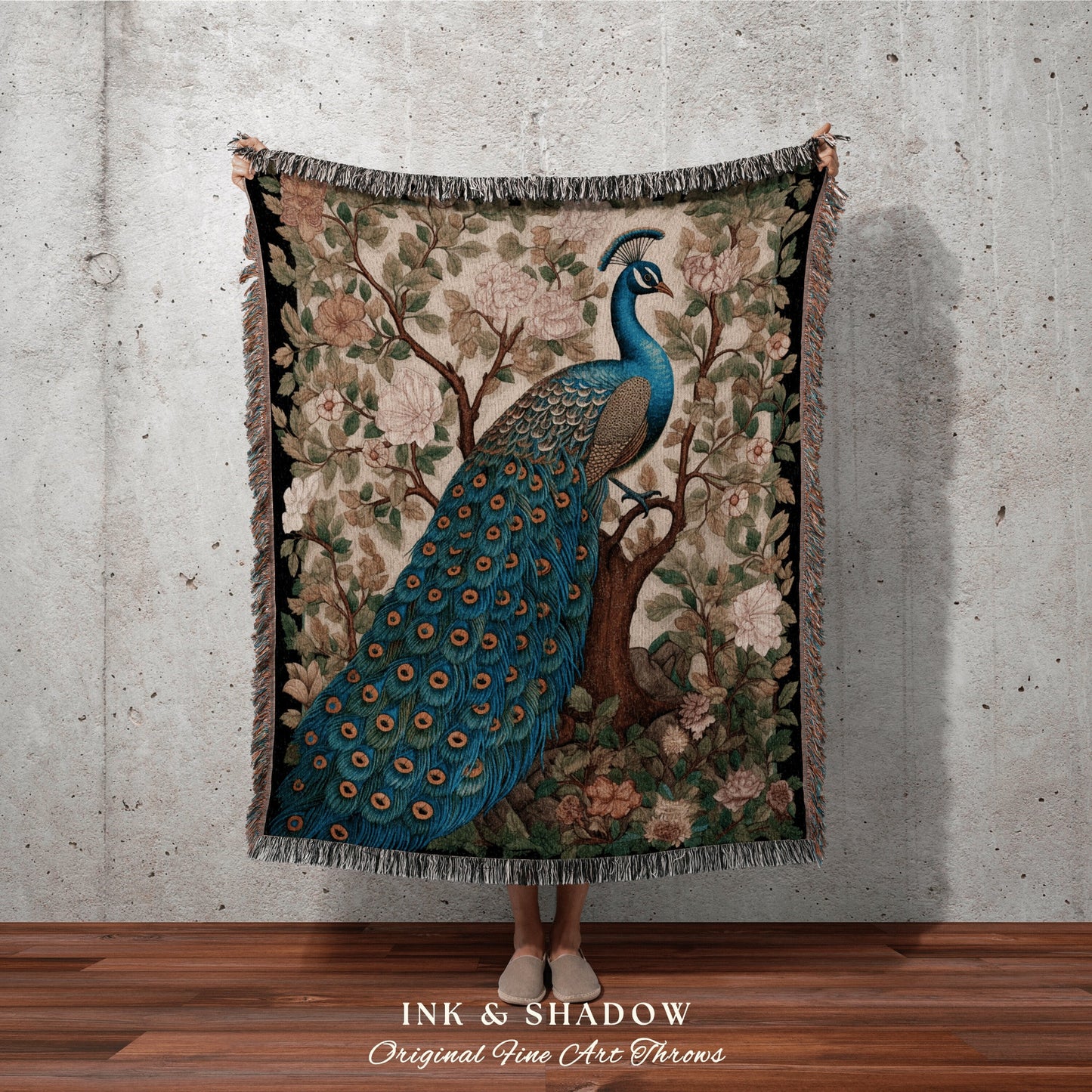 Victorian Gothic Peacock Tapestry | Maximalist Fairy Core Room Decor Woven Blanket William Morris Style Pastel Goth Peacock Throw Blanket