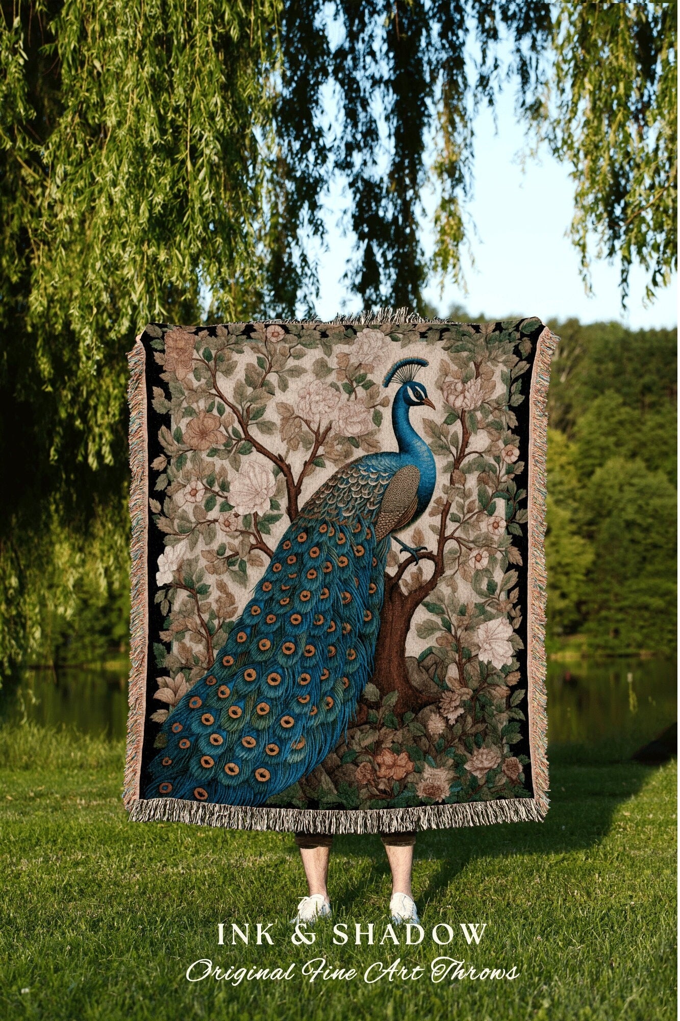 Victorian Gothic Peacock Tapestry | Maximalist Fairy Core Room Decor Woven Blanket William Morris Style Pastel Goth Peacock Throw Blanket