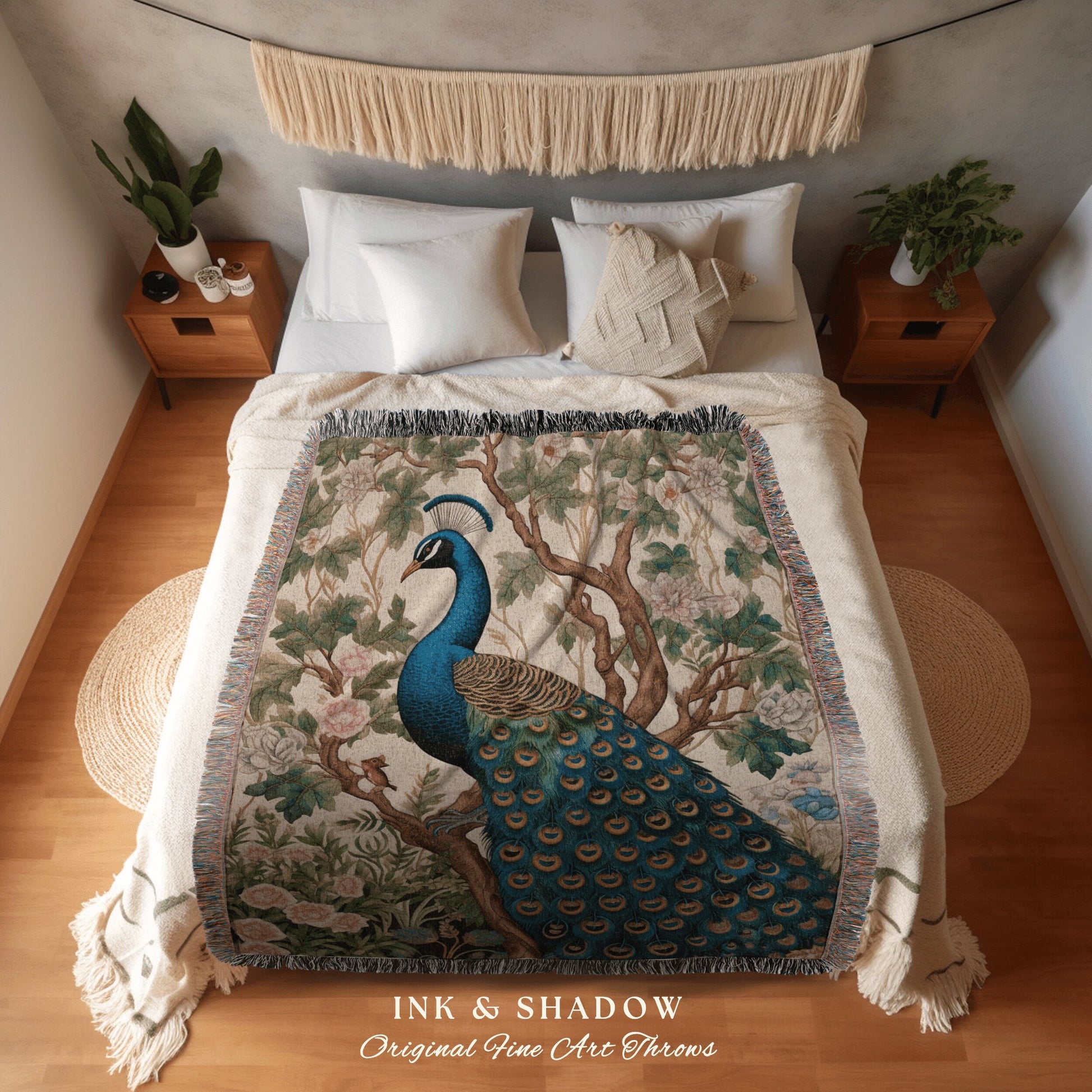 Peacock Throw Blanket Boho | William Morris Inspired Decor Forestcore Room Design Maximalist Tapestry Woven Botanical Fairy Grunge Aesthetic