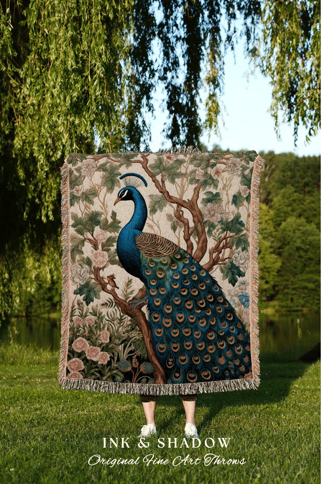 Peacock Throw Blanket Boho | William Morris Inspired Decor Forestcore Room Design Maximalist Tapestry Woven Botanical Fairy Grunge Aesthetic