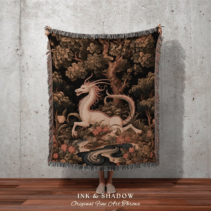 Medieval Dragon Blanket Woven | Crowcore Tapestry Cottagecore Room Decor Dark Academia Aesthetic Gothic Maximalist Gift For Goths Throw |