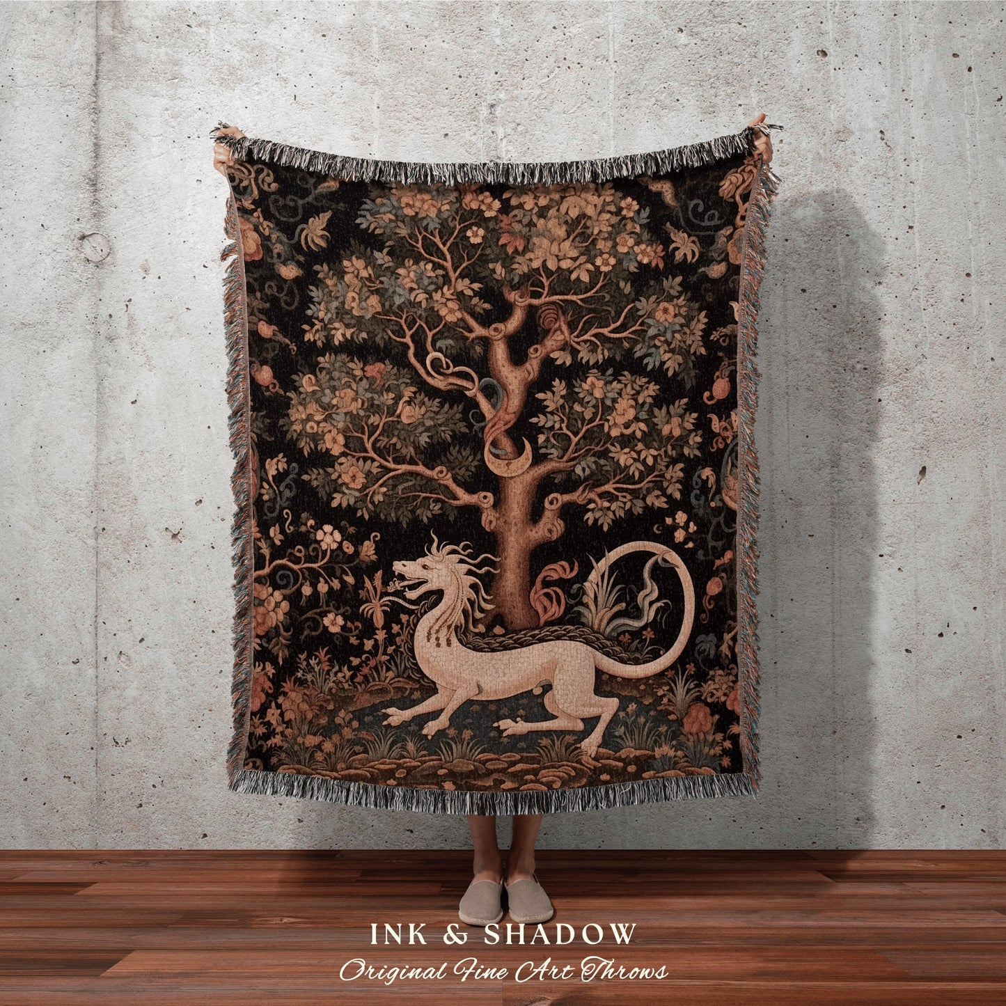 Medieval Dragon Tapestry | Mystical Tapestry Morris Style Room Decor Fairy Core Aesthetic Woven Blanket Maximalist Gift For Goths