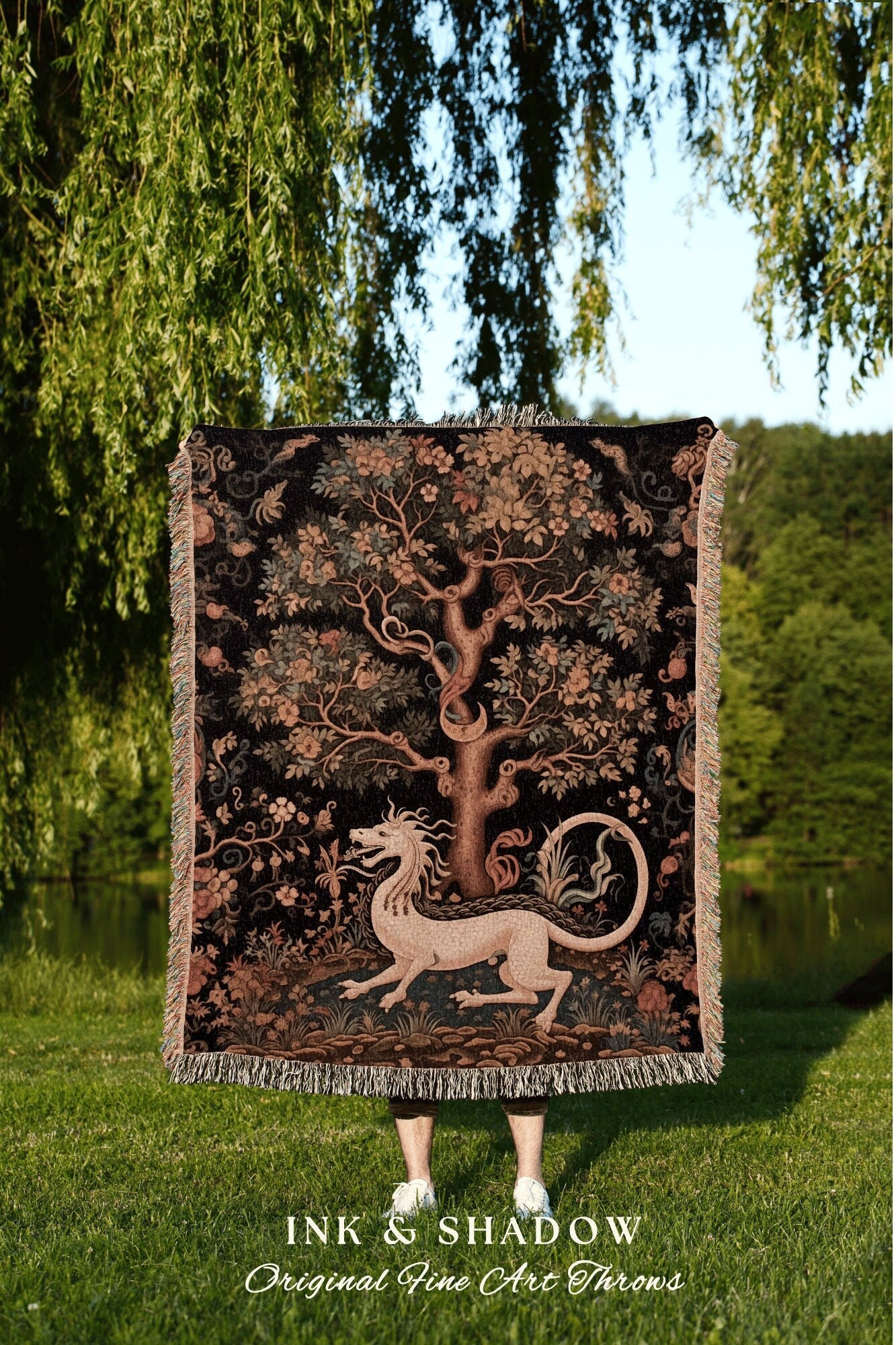 Medieval Dragon Tapestry | Mystical Tapestry Morris Style Room Decor Fairy Core Aesthetic Woven Blanket Maximalist Gift For Goths