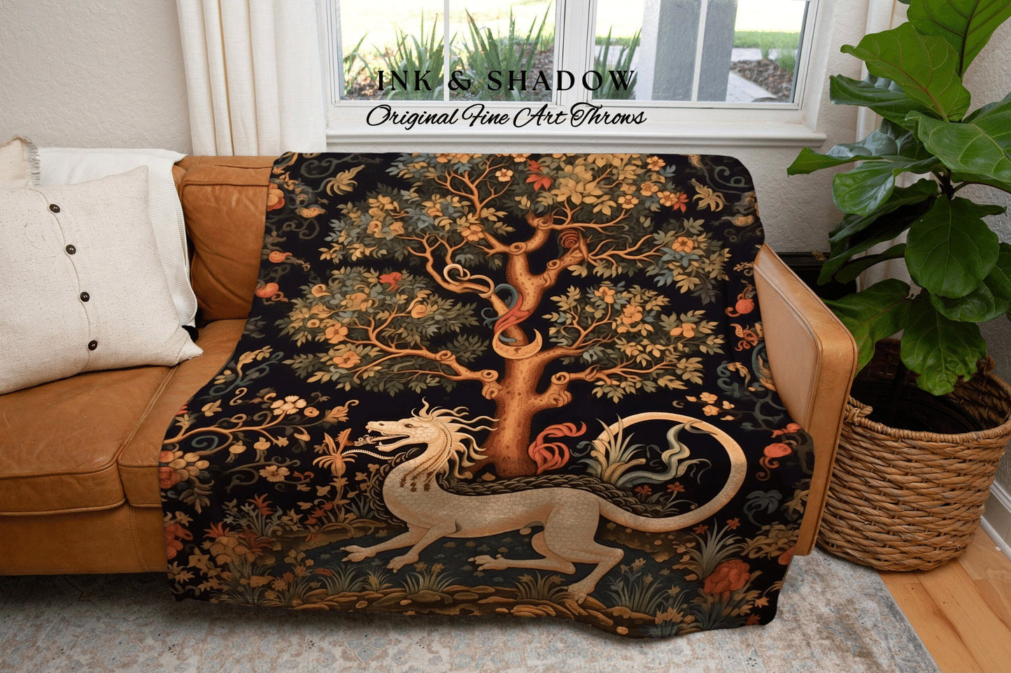 Medieval Dragon Tapestry | Mystical Tapestry Morris Style Room Decor Fairy Core Aesthetic Woven Blanket Maximalist Gift For Goths