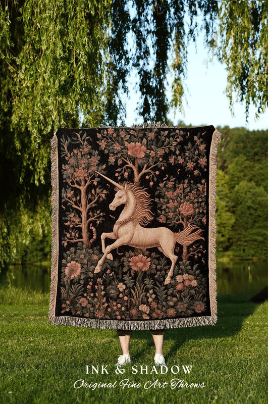 Mystical Unicorn Woven Tapestry | Fairycore Blanket Cottagecore Room Decor Dark Academia Aesthetic Gothic Maximalist Gift for Fantasy Reader