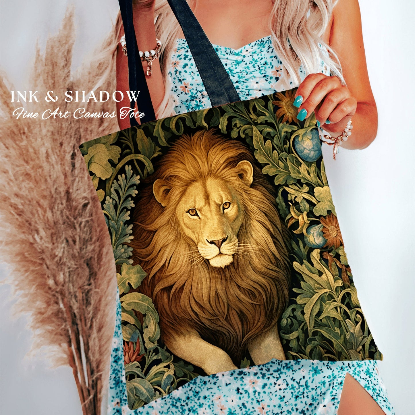 Floral Lion Tote Bag Morris Aesthetic Lion Lover Gift Dark Academia Victorian Gothic Tapestry Woven Animal Art Tote Cottagecore Artsy Bag