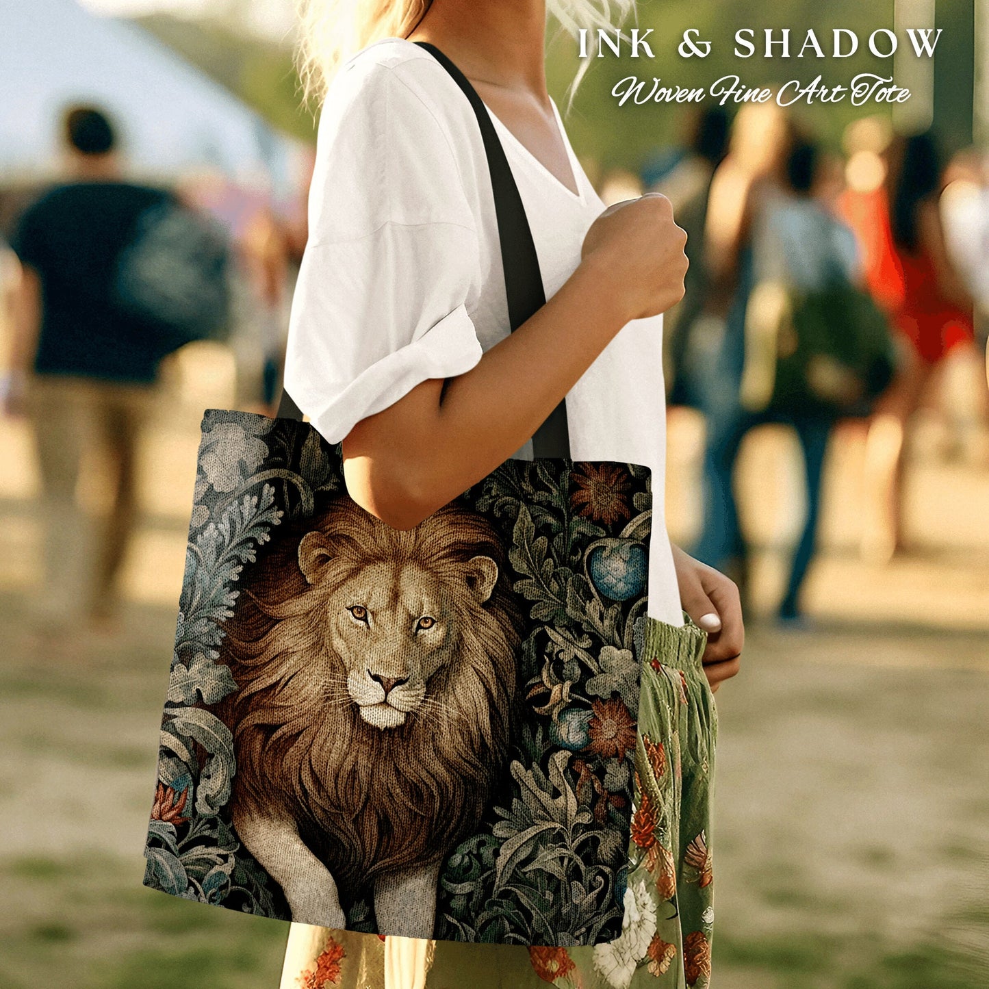 Floral Lion Tote Bag Morris Aesthetic Lion Lover Gift Dark Academia Victorian Gothic Tapestry Woven Animal Art Tote Cottagecore Artsy Bag