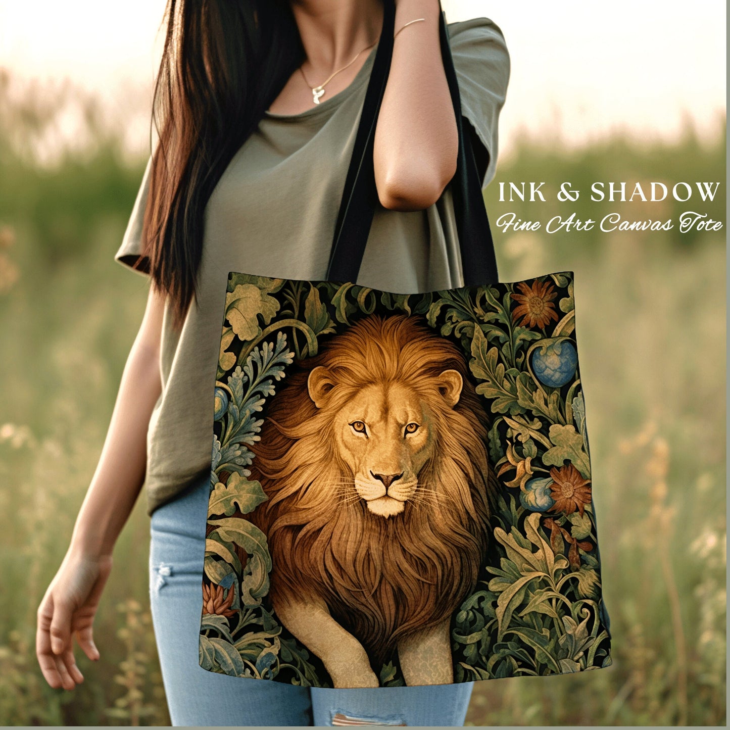 Floral Lion Tote Bag Morris Aesthetic Lion Lover Gift Dark Academia Victorian Gothic Tapestry Woven Animal Art Tote Cottagecore Artsy Bag