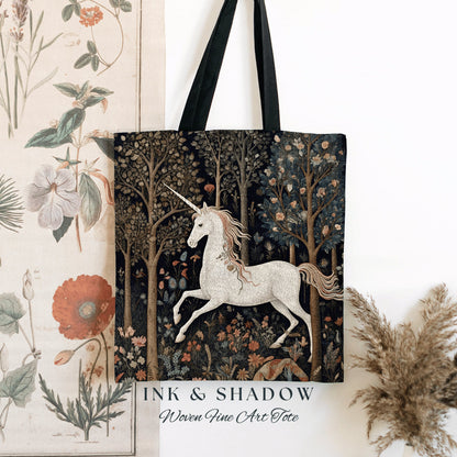 Witchy Unicorn Tapestry Tote Woven | William Morris Inspired Tote Bag Aesthetic Mystical Tapestry Bag Woven Victorian Fairycore Folklore Bag