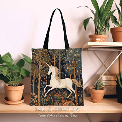 Witchy Unicorn Tapestry Tote Woven | William Morris Inspired Tote Bag Aesthetic Mystical Tapestry Bag Woven Victorian Fairycore Folklore Bag