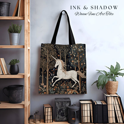 Witchy Unicorn Tapestry Tote Woven | William Morris Inspired Tote Bag Aesthetic Mystical Tapestry Bag Woven Victorian Fairycore Folklore Bag