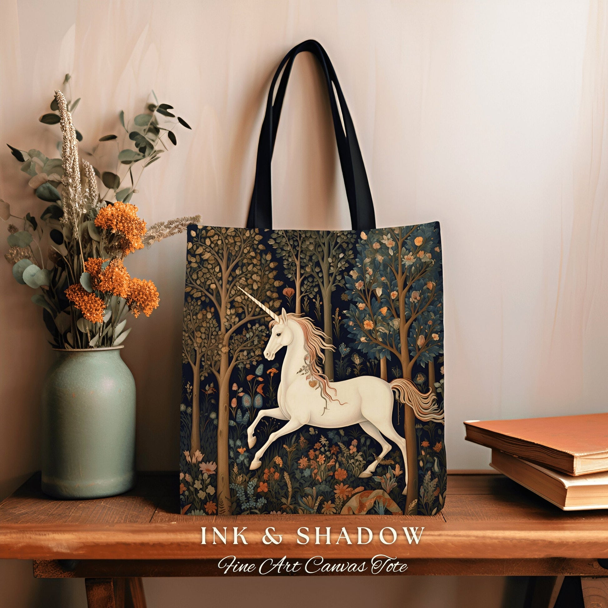 Witchy Unicorn Tapestry Tote Woven | William Morris Inspired Tote Bag Aesthetic Mystical Tapestry Bag Woven Victorian Fairycore Folklore Bag