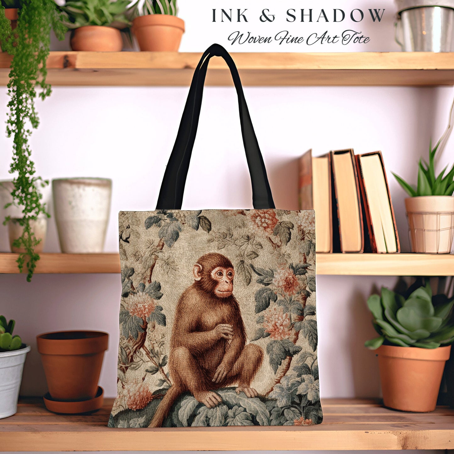 Grunge Fairycore Monkey Tote Woven Victorian Gothic Floral Tapestry Tote Vintage Aesthetic Botanical Monkey Bag Soft Cottagecore Gifts