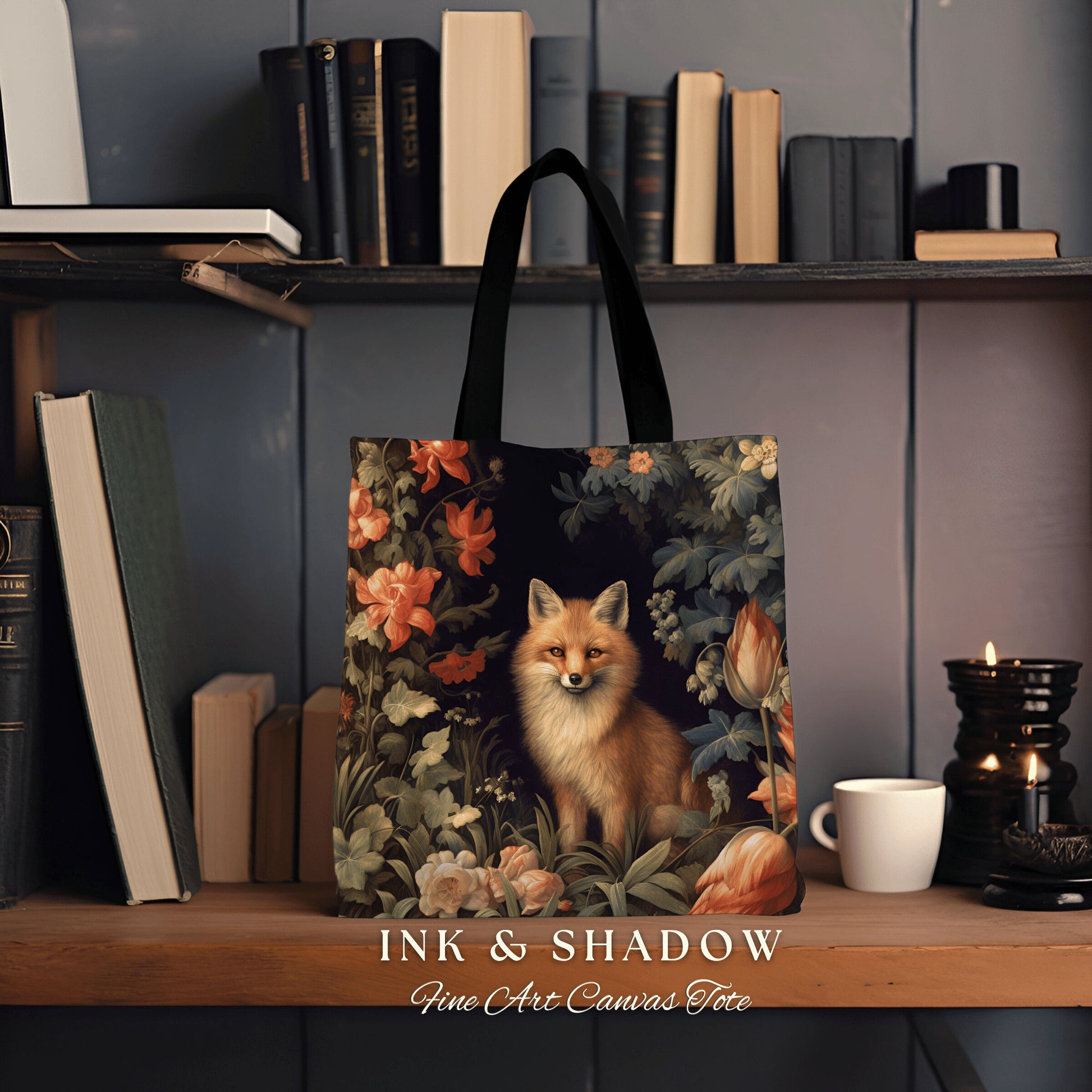 Dark Botanical Fox Tote Woven | William Morris Inspired Tote Bag Aesthetic Mystical Tapestry Bag Woven Victorian Fairycore Fox Folklore Bag