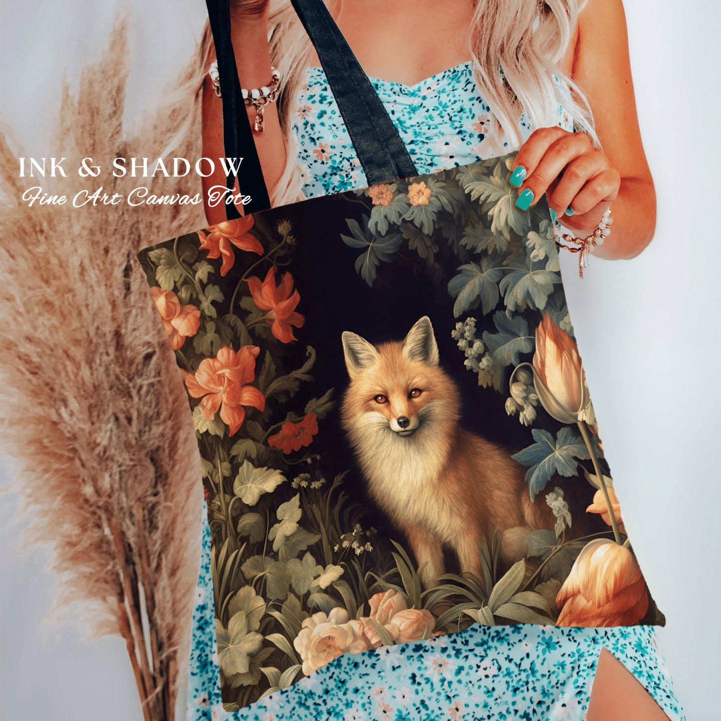 Dark Botanical Fox Tote Woven | William Morris Inspired Tote Bag Aesthetic Mystical Tapestry Bag Woven Victorian Fairycore Fox Folklore Bag