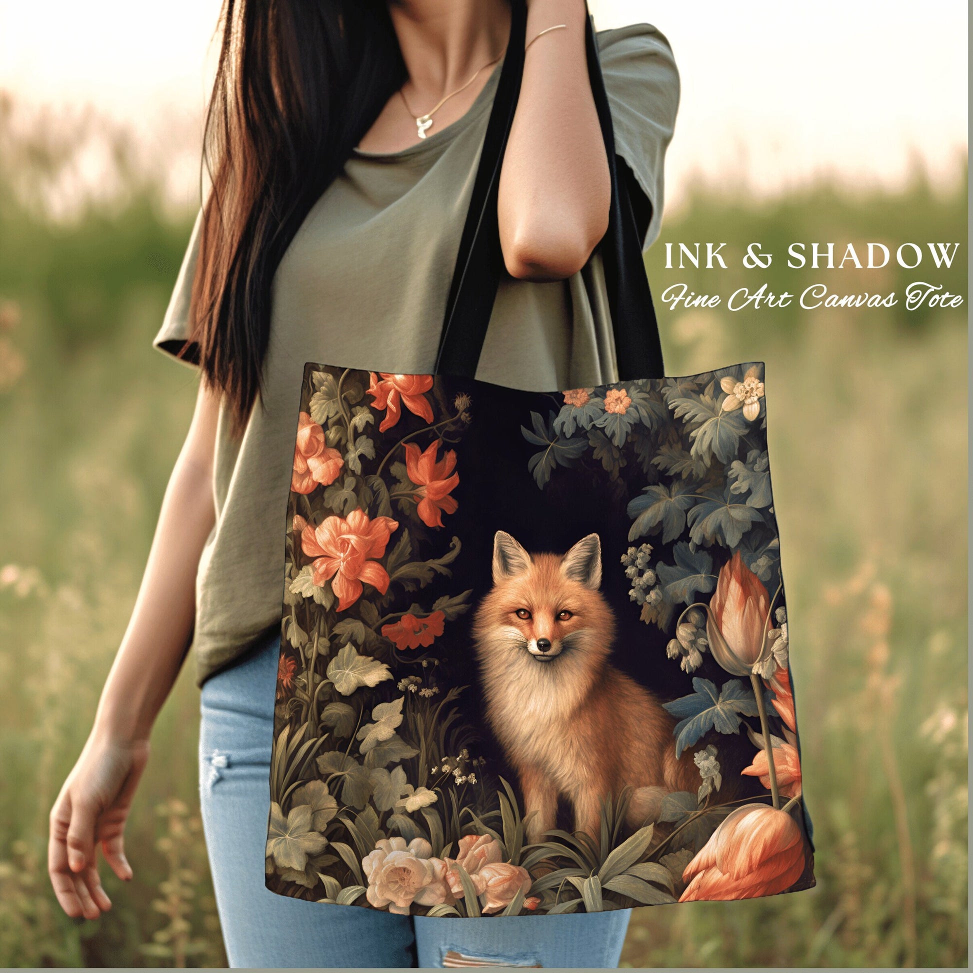 Dark Botanical Fox Tote Woven | William Morris Inspired Tote Bag Aesthetic Mystical Tapestry Bag Woven Victorian Fairycore Fox Folklore Bag