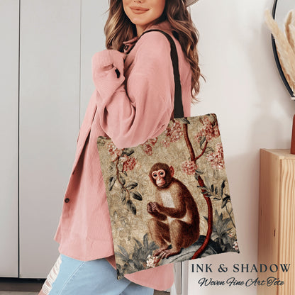 Victorian Gothic Monkey Tapestry Tote | William Morris Inspired Tote Bag Aesthetic Mystical Tapestry Bag Woven Victorian Fairycore Folklore