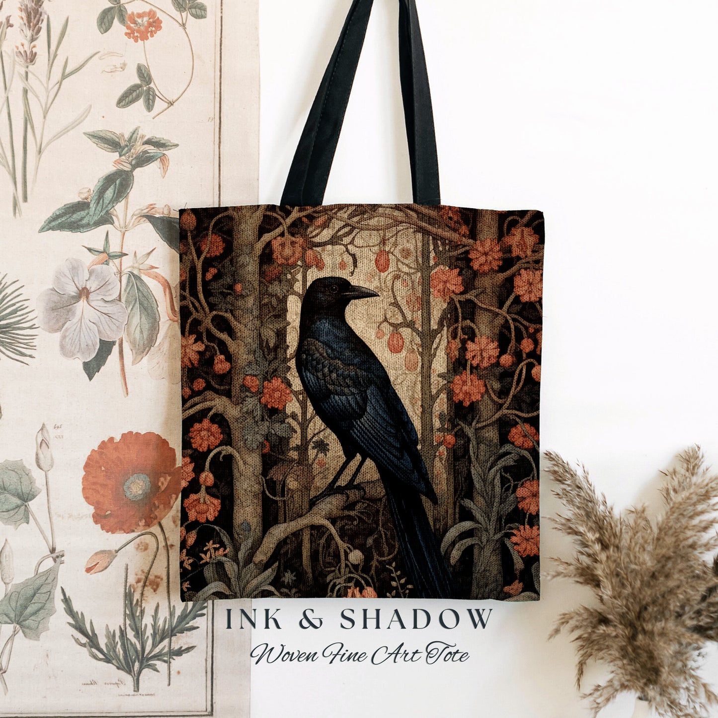 Dark Floral Crowcore Tapestry Bag | Gothic Tote William Morris Inspired Raven Tote Bag Crow Core Satchel Maximalist Tapestry Tote Bag Woven