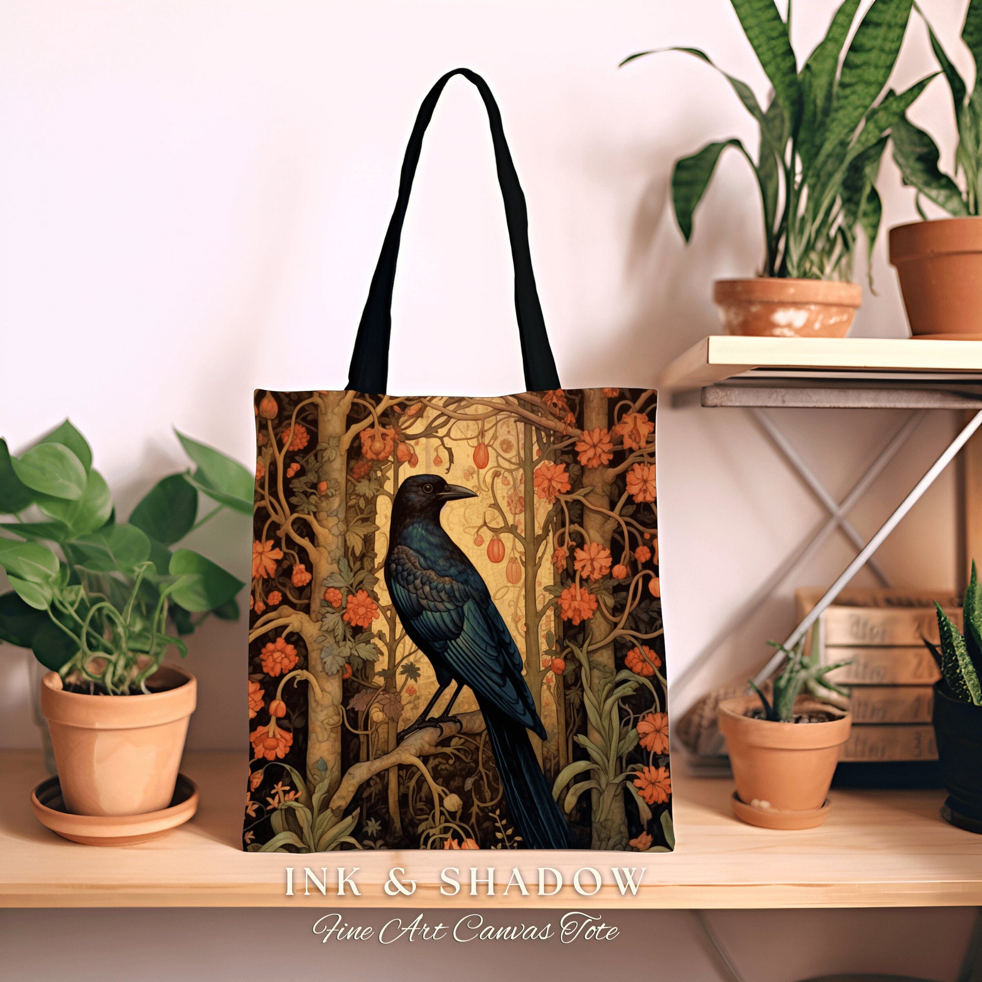 Dark Floral Crowcore Tapestry Bag | Gothic Tote William Morris Inspired Raven Tote Bag Crow Core Satchel Maximalist Tapestry Tote Bag Woven