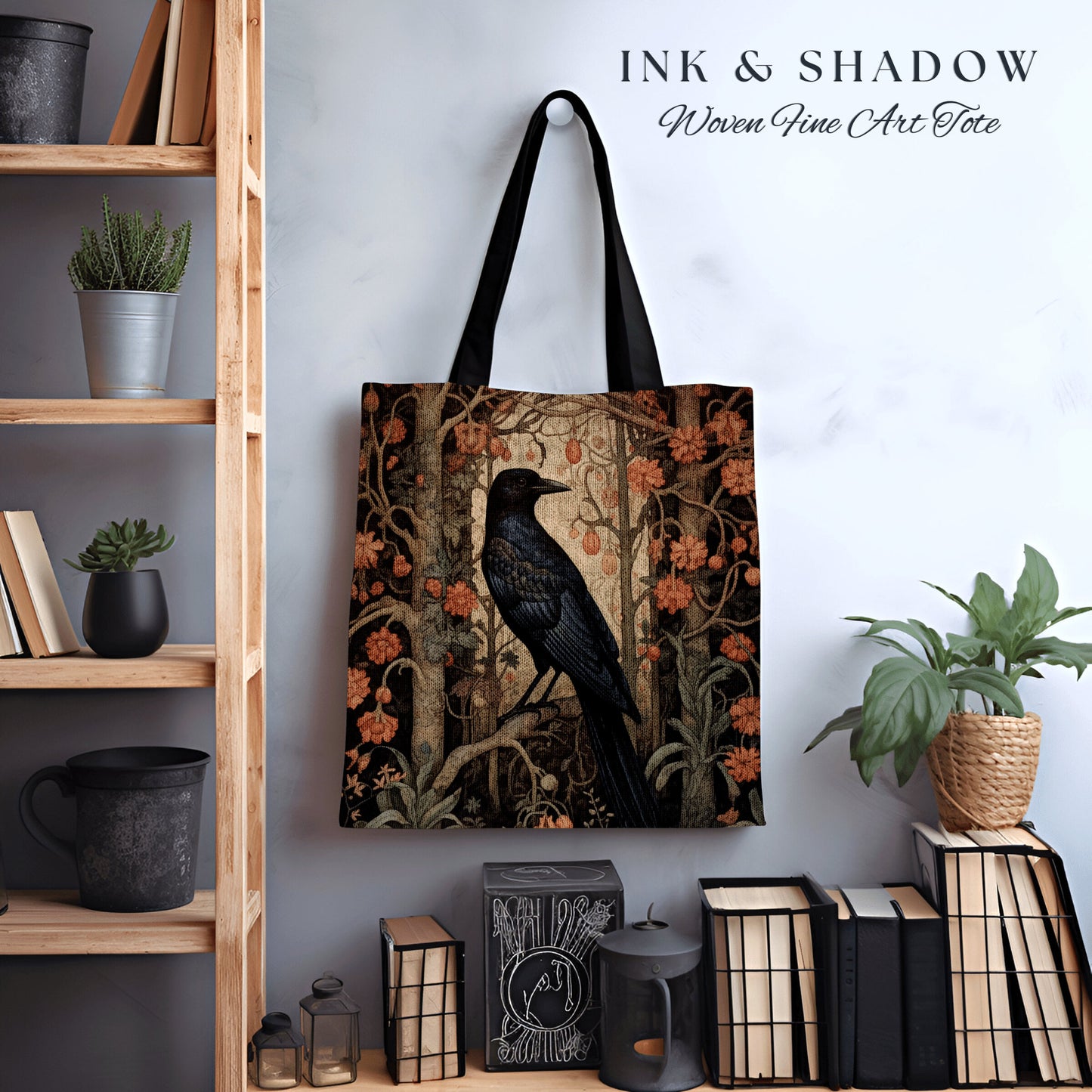 Dark Floral Crowcore Tapestry Bag | Gothic Tote William Morris Inspired Raven Tote Bag Crow Core Satchel Maximalist Tapestry Tote Bag Woven