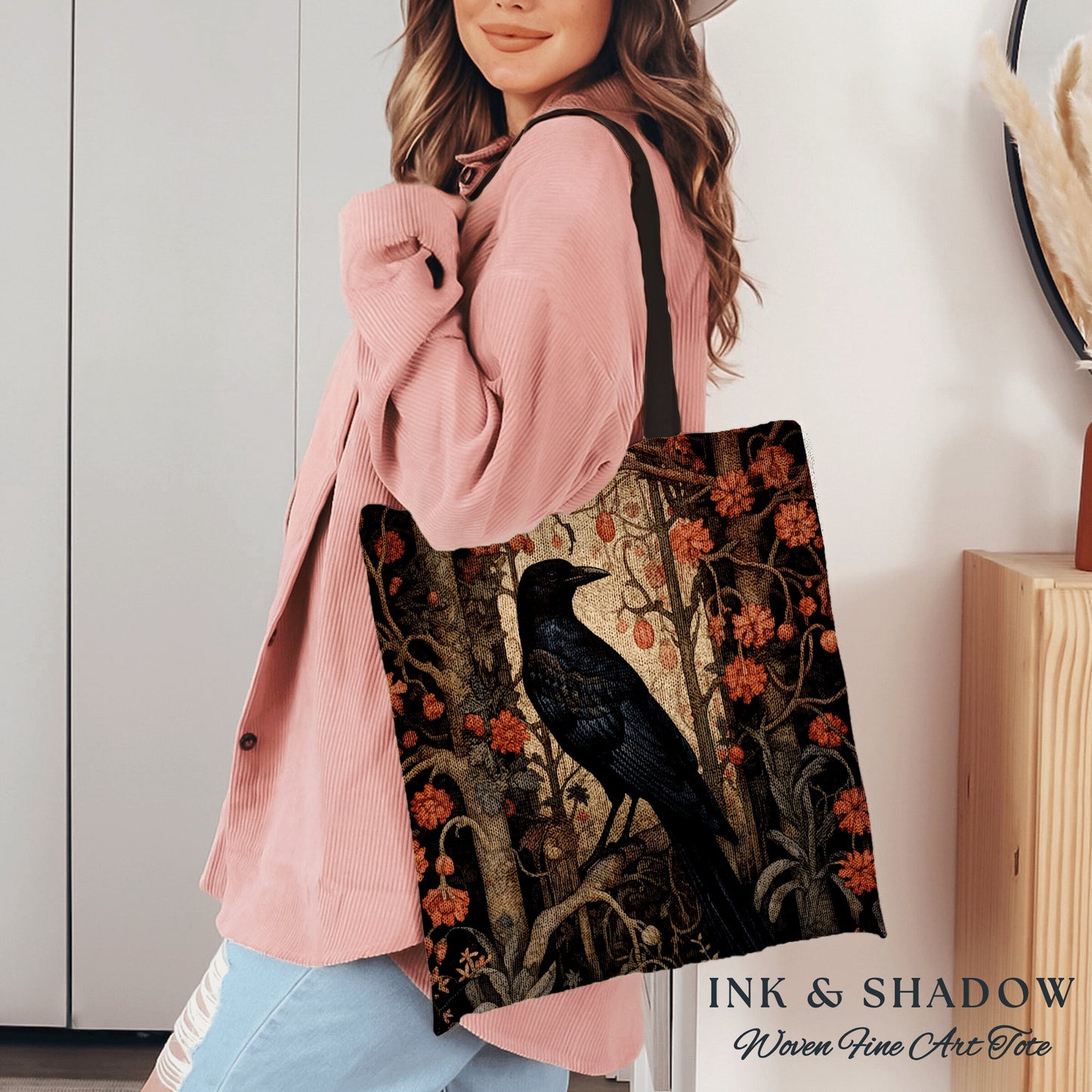 Dark Floral Crowcore Tapestry Bag | Gothic Tote William Morris Inspired Raven Tote Bag Crow Core Satchel Maximalist Tapestry Tote Bag Woven